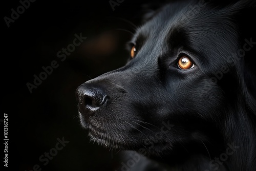 Black Hovawart Female Dog Portrait Against a Black Background