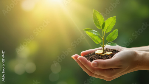 A visually striking image depicting a plant flourishing from golden coins, representing the idea of wealth and prosperity, with a natural and blurred green background