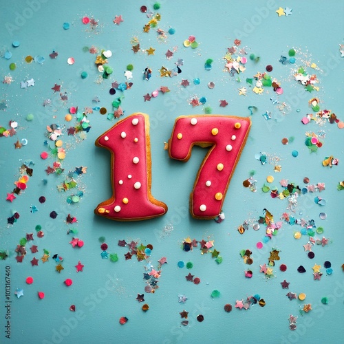 Decorated cookie, number 17, image for birthday or anniversary celebration