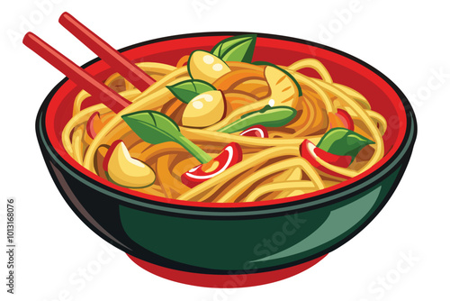 Vector Illustration of Traditional Chow Mein Noodles Recipe - Asian Chicken Stir-Fry.