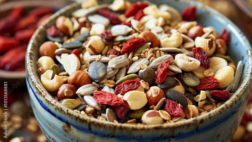 Blue bowl overflowing with a mix of nuts, seeds, and goji berries sits on a wooden tray. The abundance of healthy ingredients are perfect for a snack or as a topping Blue bowl overflowing with a mix of nuts, seeds, and goji berries sits on a wooden tray. The abundance of healthy ingredients are perfect for a snack or as a topping