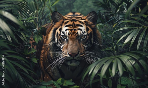 Fierce tiger stalking through dense jungle foliage, 4K hyperrealistic photo.