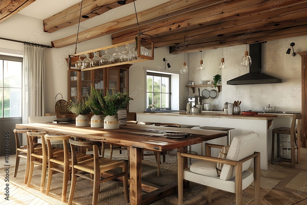 Interior of a rustic wooden house, dining room and kitchen Interior of a rustic wooden house, dining room and kitchen