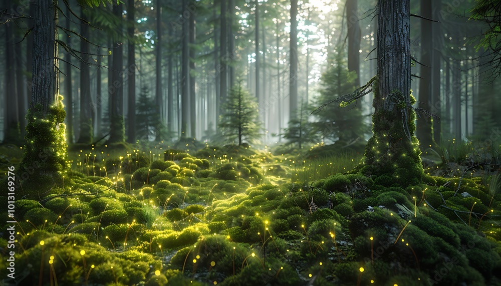 Obraz premium Magic forest with sunbeams and rays of light in the morning