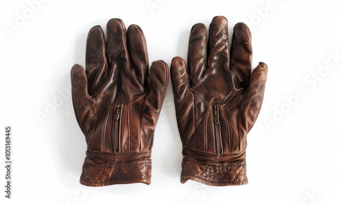 Pair of leather gloves, white background, 4K hyperrealistic photo