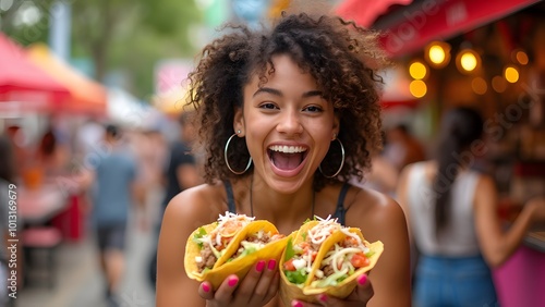 Beautiful Young curly hair Woman Eating Tacos Fast Food Outdoors, Happy girl enjoyment holding on Taco food, street food festival, generative ai portrait