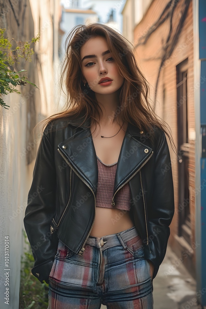Naklejka premium Woman wearing cropped leather jacket ensemble