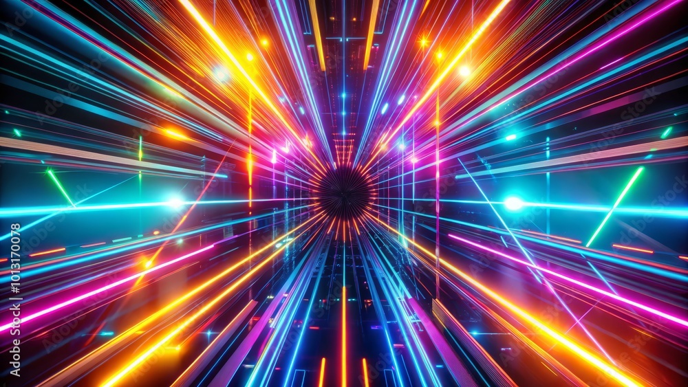 Dynamic 3D abstract background showcasing bright neon rays and radiant lines, ideal for modern design endeavors seeking