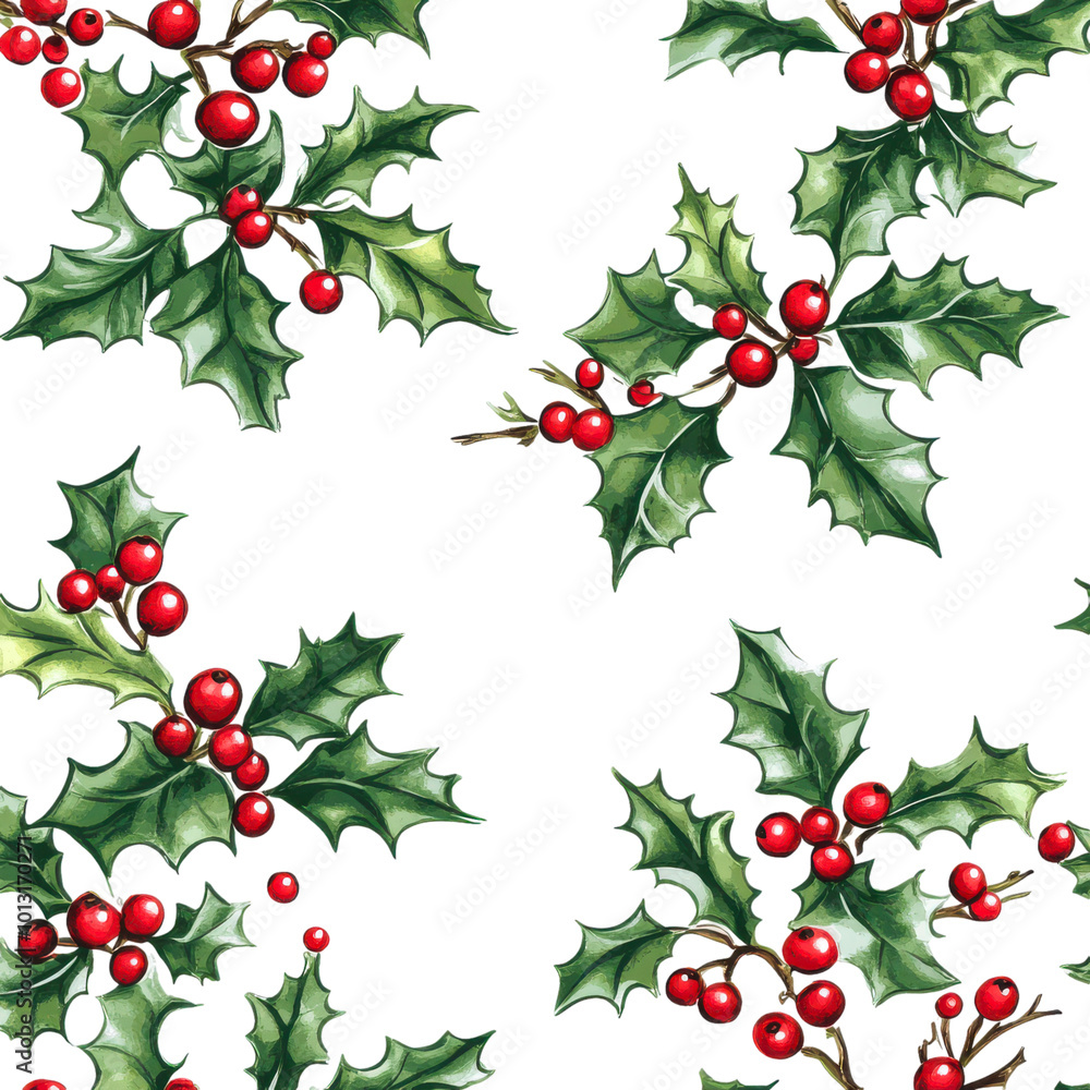 Seamless Pattern with Holly Leaves on White Background Seamless Pattern with Holly Leaves on White Background