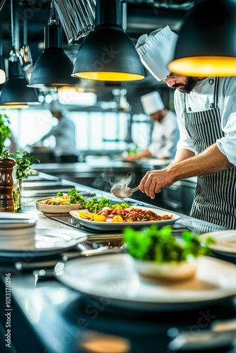 Professional chef preparing food in a restaurant kitchen.