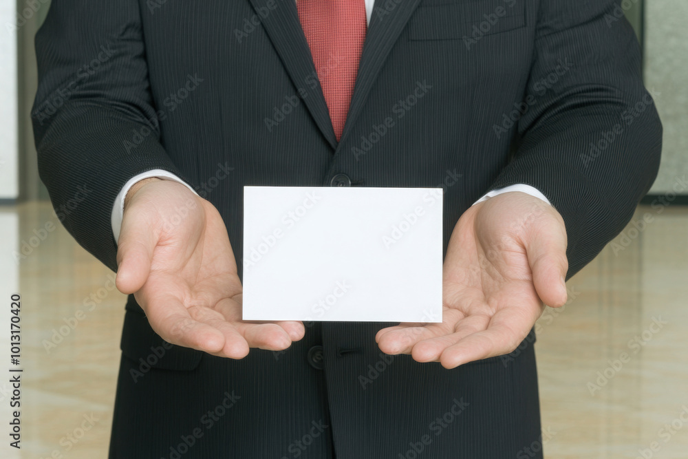 A businessman in a suit holds out his hand with blank white or transparent paper cards for you to copy space text or message on it. A businessman in a suit holds out his hand with blank white or transparent paper cards for you to copy space text or message on it.