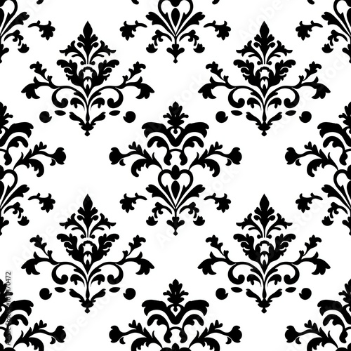 Elegant Black and White Damask Pattern with Ornate Floral and Leaf Motifs in a Classic and Timeless Design, Highlighting Intricate Detailing for a Sophisticated and Refined Look