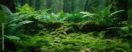 Lush forest with vibrant green moss and ferns, 4K hyperrealistic photo,