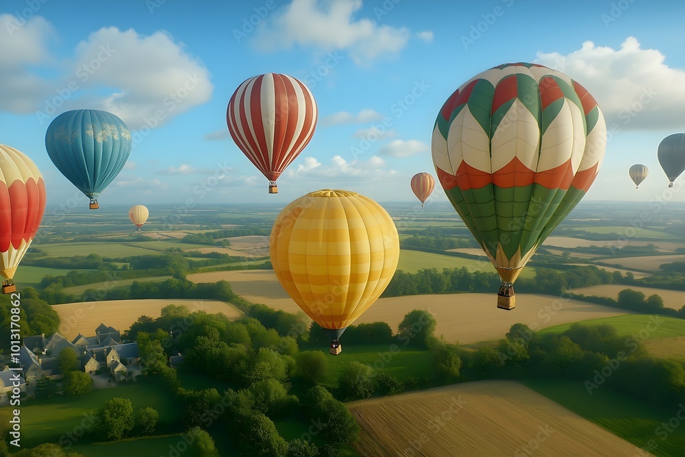 Obraz premium Hot air balloons flying over the French countryside, sunny day blue sky, landscape below.