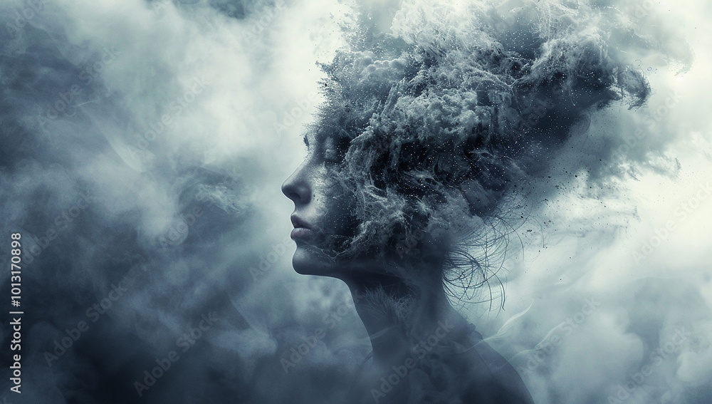 A woman's head dissolves into swirling smoke and ash, against an apocalyptic sky A woman's head dissolves into swirling smoke and ash, against an apocalyptic sky