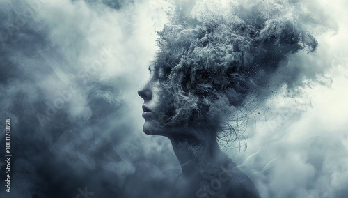 A woman's head dissolves into swirling smoke and ash, against an apocalyptic sky