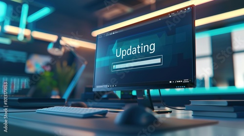 Close-up of computer screen showing software update progress bar with 