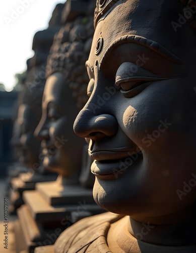 Close-up of the iconic smiling stone faces at Bayon Temple, Angkor Thom, Cambodia, showcasing the intricate details of Khmer architecture photo