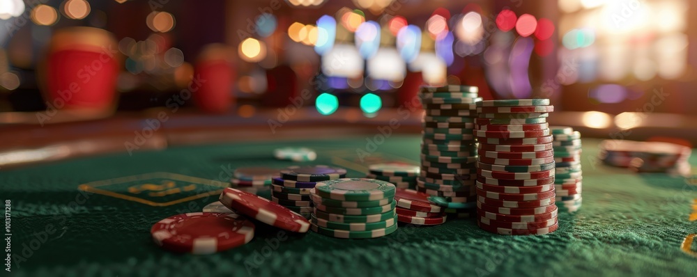 Poker table with green felt, poker chips in diverse colors and stacks, 4K hyperrealistic photo Poker table with green felt, poker chips in diverse colors and stacks, 4K hyperrealistic photo
