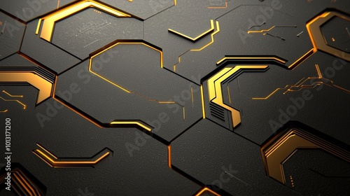 A black and gold patterned surface with a lot of hexagons photo