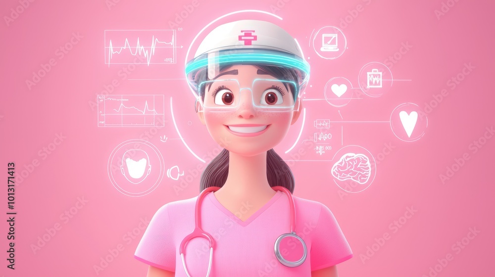 Futuristic Nurse Monitoring Vital Signs on Holographic Display - Cartoon Style 3D Healthcare Innovation with High Luminosity in 32K Resolution Futuristic Nurse Monitoring Vital Signs on Holographic Display - Cartoon Style 3D Healthcare Innovation with High Luminosity in 32K Resolution