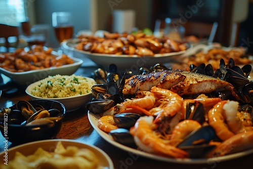 Seafood Feast: A Delicious Spread of Grilled Fish, Prawns and Mussels photo