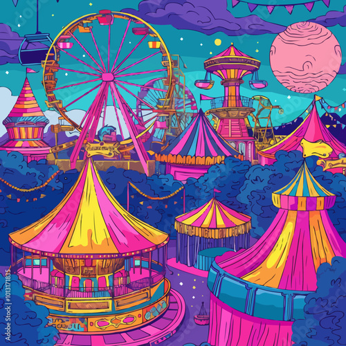 Design a vibrant carnival scene with rides, games, and colorful tents, great for festival and event advertisements, hand-drawn vector art.