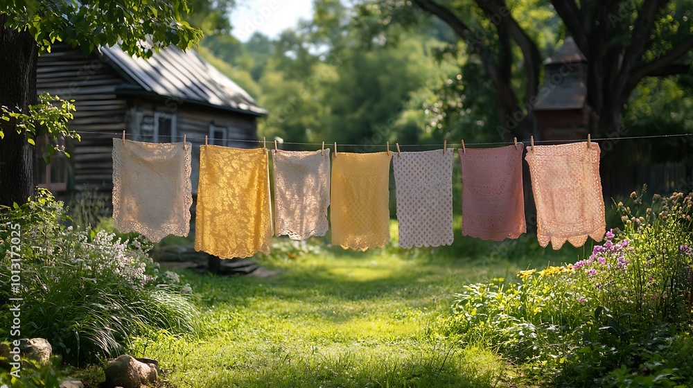 Naklejka premium Colorful clothes hanging on a clothesline in a sunny garden.