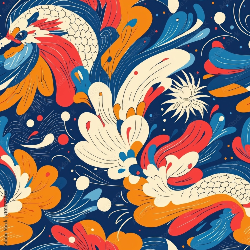 Vibrant Flowing Illustration of Abstract Rooster and Bird Forms with Dynamic Swirls in Red, Orange, Blue, and Cream Creating an Energetic and Expressive Design Vibrant Flowing Illustration of Abstract Rooster and Bird Forms with Dynamic Swirls in Red, Orange, Blue, and Cream Creating an Energetic and Expressive Design