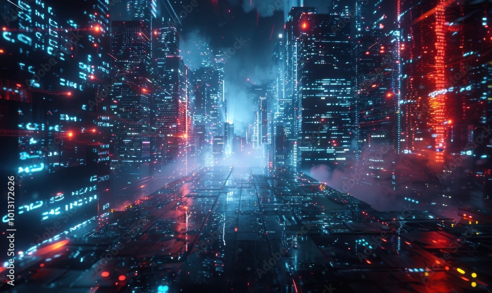 Obraz premium Underground cyber fortress amidst pulsing city lights, 4K hyperrealistic photo