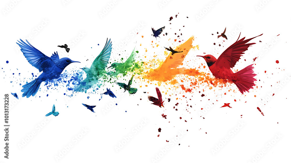 Abstract depiction of birds in flight with a dispersion and splatter effect on a white background, creating a dynamic and artistic visual.
Abstract depiction of birds in flight with a dispersion and splatter effect on a white background, creating a dynamic and artistic visual.