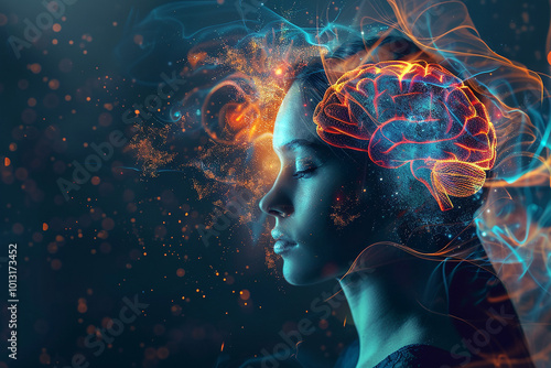 A woman's head with bright brain and digital elements on a dark background