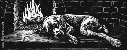 Dog sleeping by a fireplace sketch engraving vector illustration. Scratch board imitation. Black and white image. Vector illustration