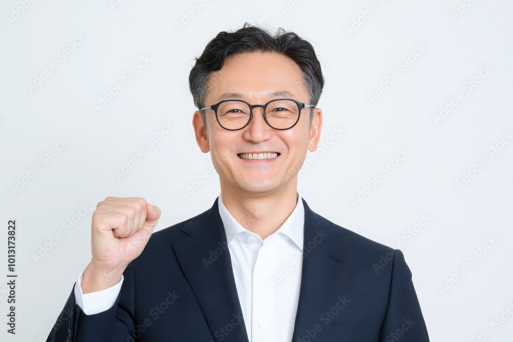 A Japanese man in a suit, dressed in professional business attire, with glasses and black hair, is smiling while raising his fist. The image is isolated on a white background. A Japanese man in a suit, dressed in professional business attire, with glasses and black hair, is smiling while raising his fist. The image is isolated on a white background.