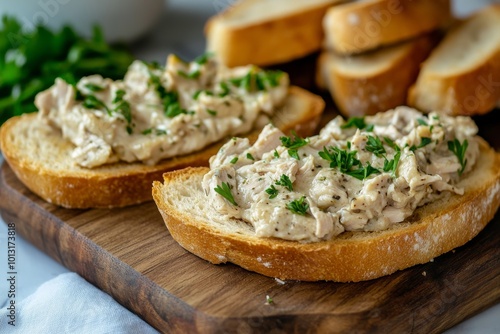 Homemade Chicken Pâté Served on Baguette Slices 