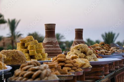 Close up delicious dessert pastry cakes in the hotel. Fresh colourful sweet berry desserts, beautifull decorated in Egypt