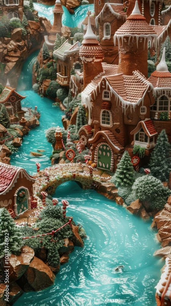 Sweet fantasy realm adorned with sugary rivers and gingerbread cottages, 4K hyperrealistic photo Sweet fantasy realm adorned with sugary rivers and gingerbread cottages, 4K hyperrealistic photo