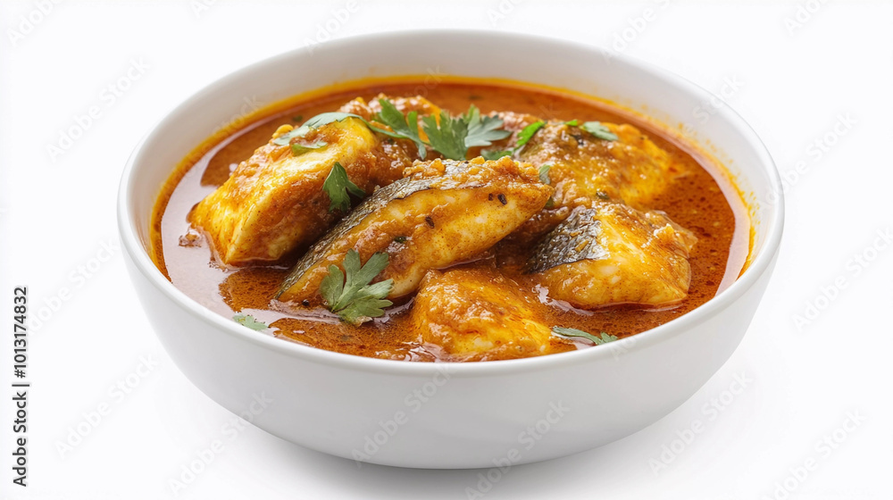 Indian fish curry in bowl isolated on white background Indian fish curry in bowl isolated on white background