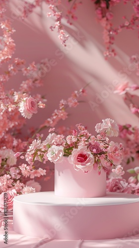 Product display podium with flowers on pink background