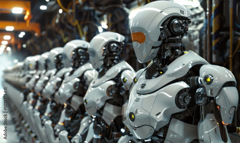 Futuristic robot assembly line, 4K hyperrealistic photo Futuristic robot assembly line, 4K hyperrealistic photo