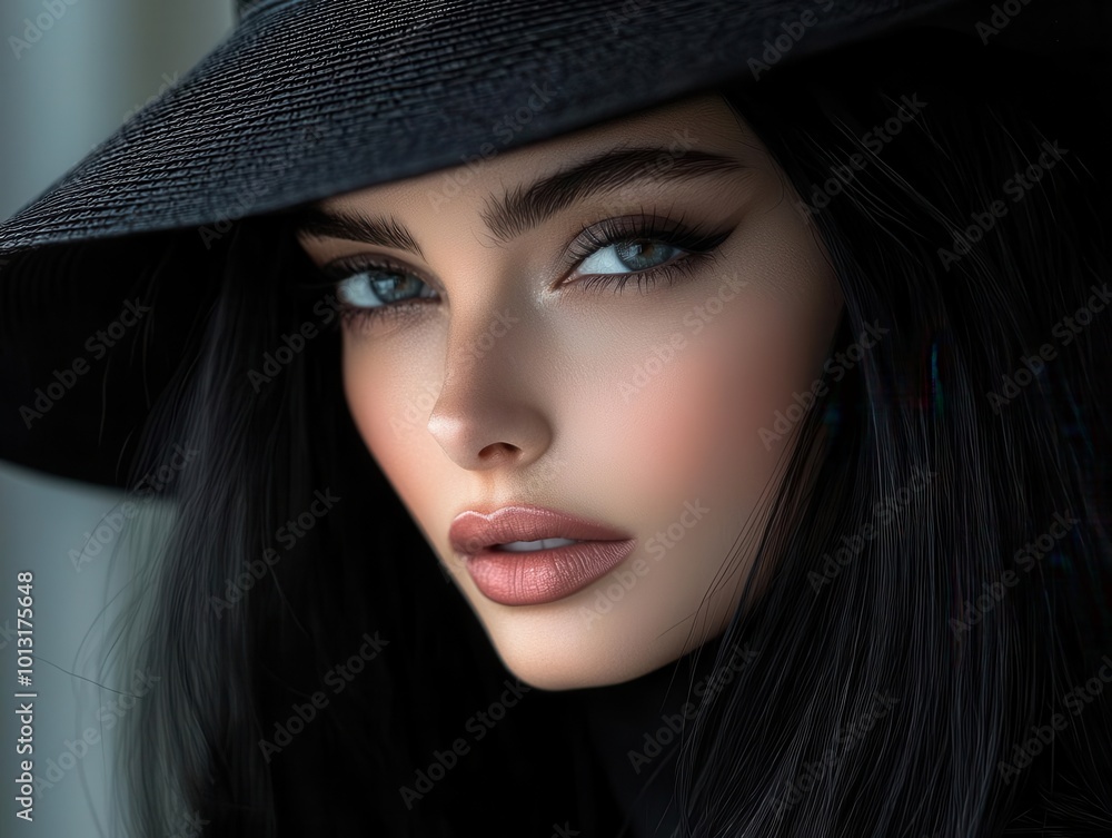 Close-up of a fashionable woman with long black hair in a chic hat dramatic lighting highlighting her sophisticated style and mysterious allure Close-up of a fashionable woman with long black hair in a chic hat dramatic lighting highlighting her sophisticated style and mysterious allure
