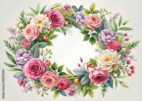 Charming floral wreath design for seasonal festivities and home decor. Ideal for invitations and cards, bringing a vibrant touch to any celebration.