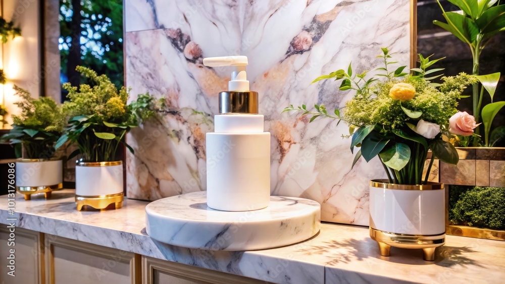 Empty white plastic jar with dispenser on marble pedestal. Horizontal banner with podium and plant, presentation of cosmetics Empty white plastic jar with dispenser on marble pedestal. Horizontal banner with podium and plant, presentation of cosmetics
