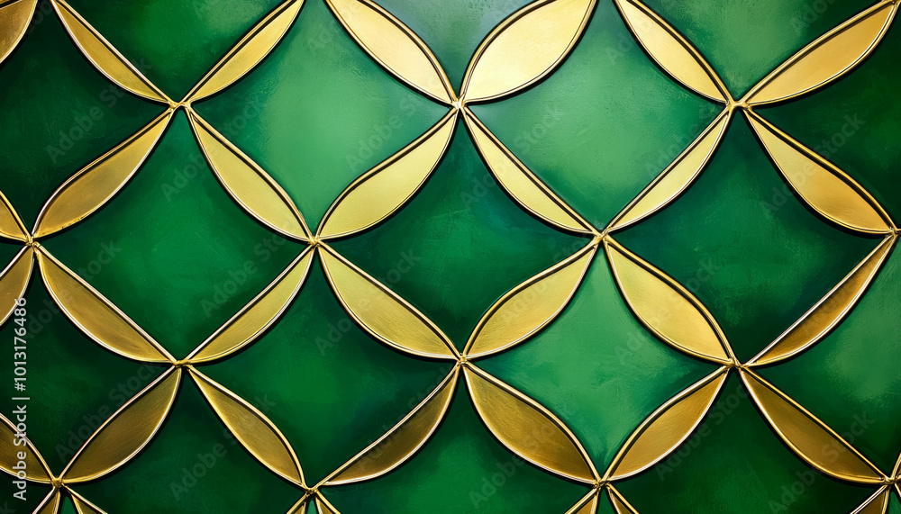 A decorative wall featuring a pattern of green and gold shapes, creating a modern and elegant aesthetic. A decorative wall featuring a pattern of green and gold shapes, creating a modern and elegant aesthetic.