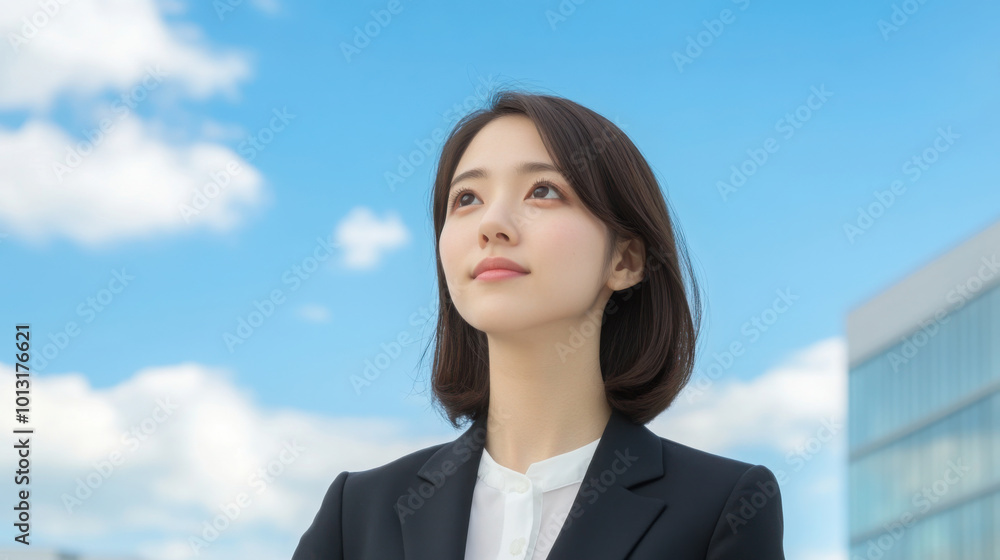 A Japanese businesswoman in a black suit and white shirt looks up at the sky with office buildings in the background. A Japanese businesswoman in a black suit and white shirt looks up at the sky with office buildings in the background.
