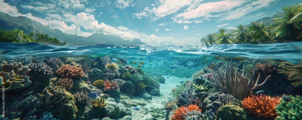 Naklejka premium Coral reef ecosystem bustling with underwater activity and serene ocean views, 4K hyperrealistic photo