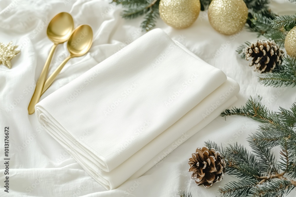 Stack of folded tea towels lying on the holiday table. White kitchen towel mock up. Flat lay top view blank linen dish towel template, with Christmas decorated background Stack of folded tea towels lying on the holiday table. White kitchen towel mock up. Flat lay top view blank linen dish towel template, with Christmas decorated background
