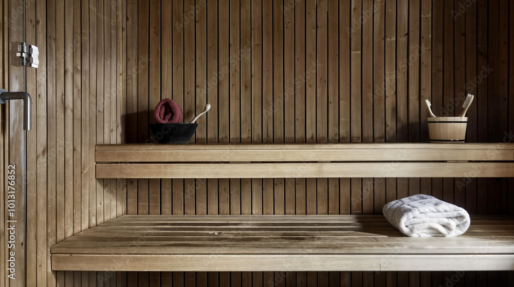 A bowl of towels and a spoon is on the shelf in sauna. The bed is neatly made. Nordic and Scandinavian lifestyle A bowl of towels and a spoon is on the shelf in sauna. The bed is neatly made. Nordic and Scandinavian lifestyle