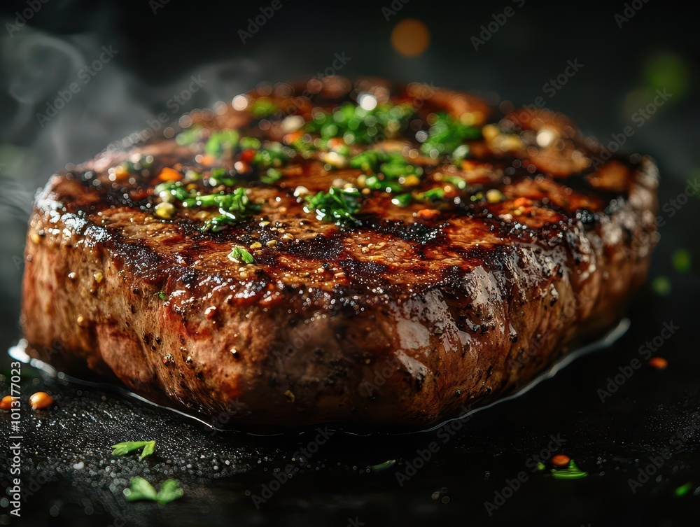 a beautifully grilled juicy steak adorned with fresh herbs exuding smoke from a seasoned surface set against a dark smoky background that enhances its delicious appeal a beautifully grilled juicy steak adorned with fresh herbs exuding smoke from a seasoned surface set against a dark smoky background that enhances its delicious appeal