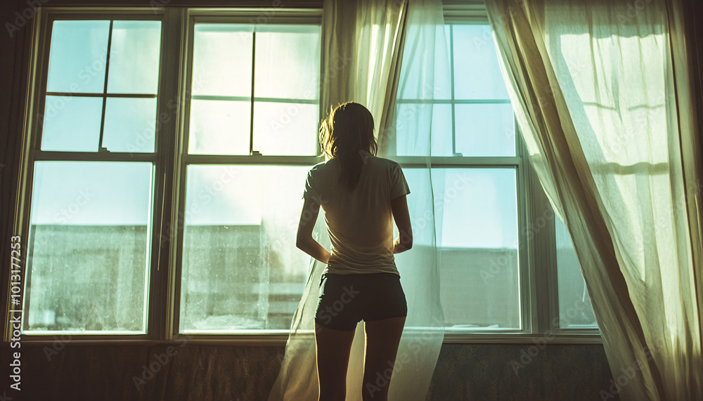 Position people in front of large, open windows with curtains blowing in the breeze, focusing on the interaction between the model and the natural light filtering in Position people in front of large, open windows with curtains blowing in the breeze, focusing on the interaction between the model and the natural light filtering in